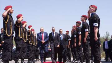 The three defence ministers, from left, Avigdor Lieberman, Israel, Savvas Angelides, Cyprus, Panos Kammenos, Greece